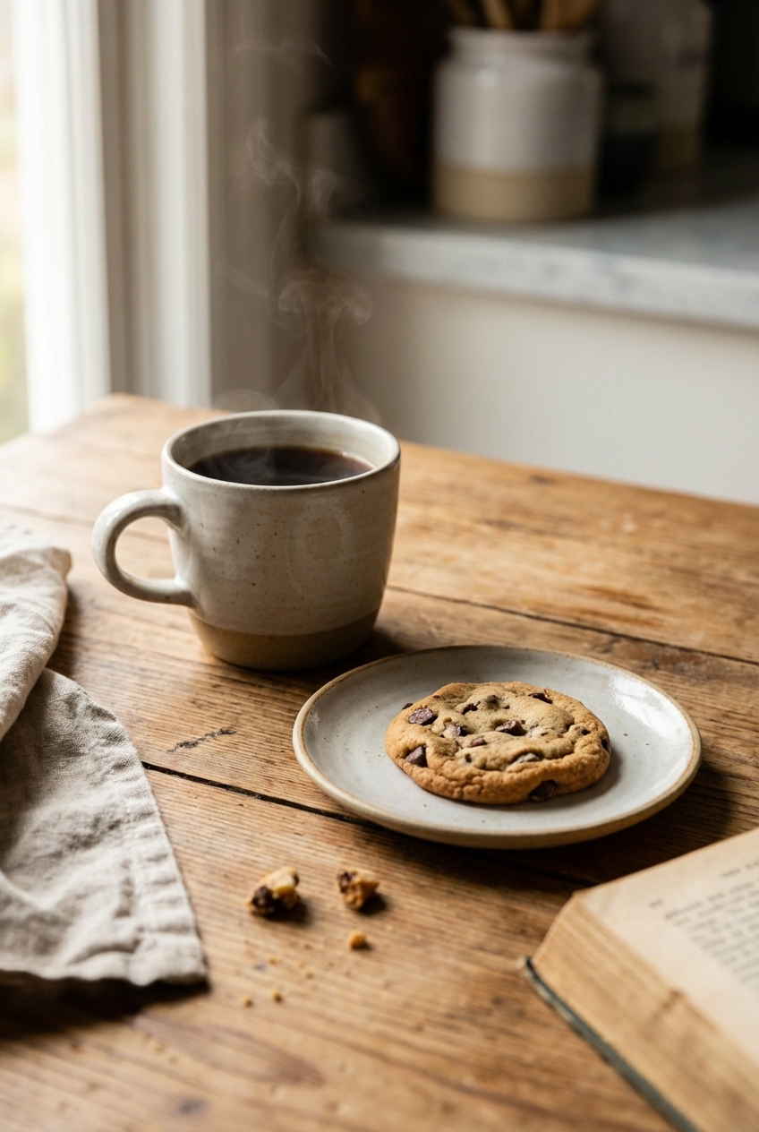 A mug of hot coffee on a wooden table with a cookie on a small plate