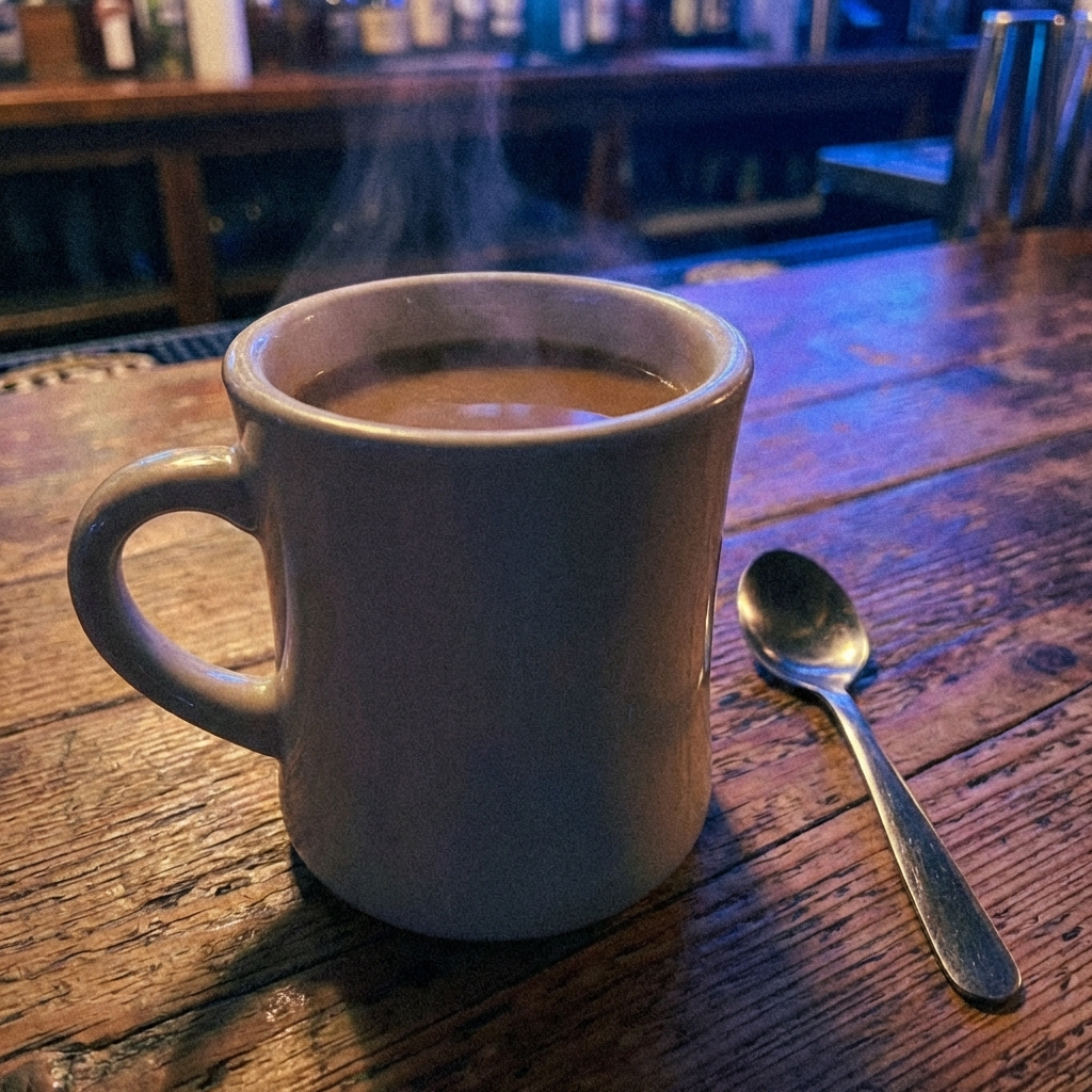 A mug of hot coffee on a wooden table with a small spoon beside it