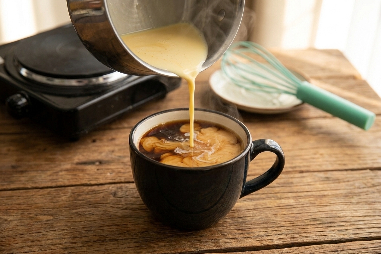 A mug of hot coffee on a wooden table with creamer swirling into the surface