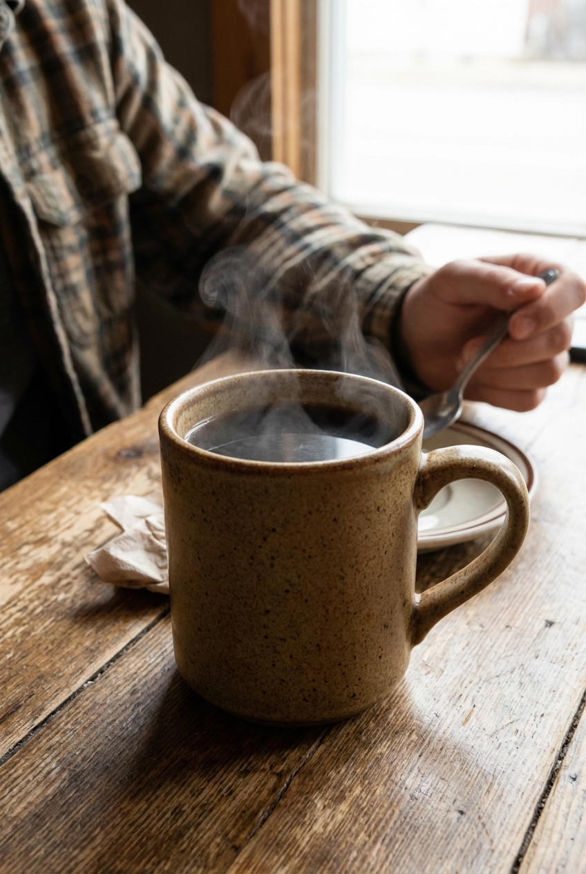 A mug of hot coffee on a wooden table