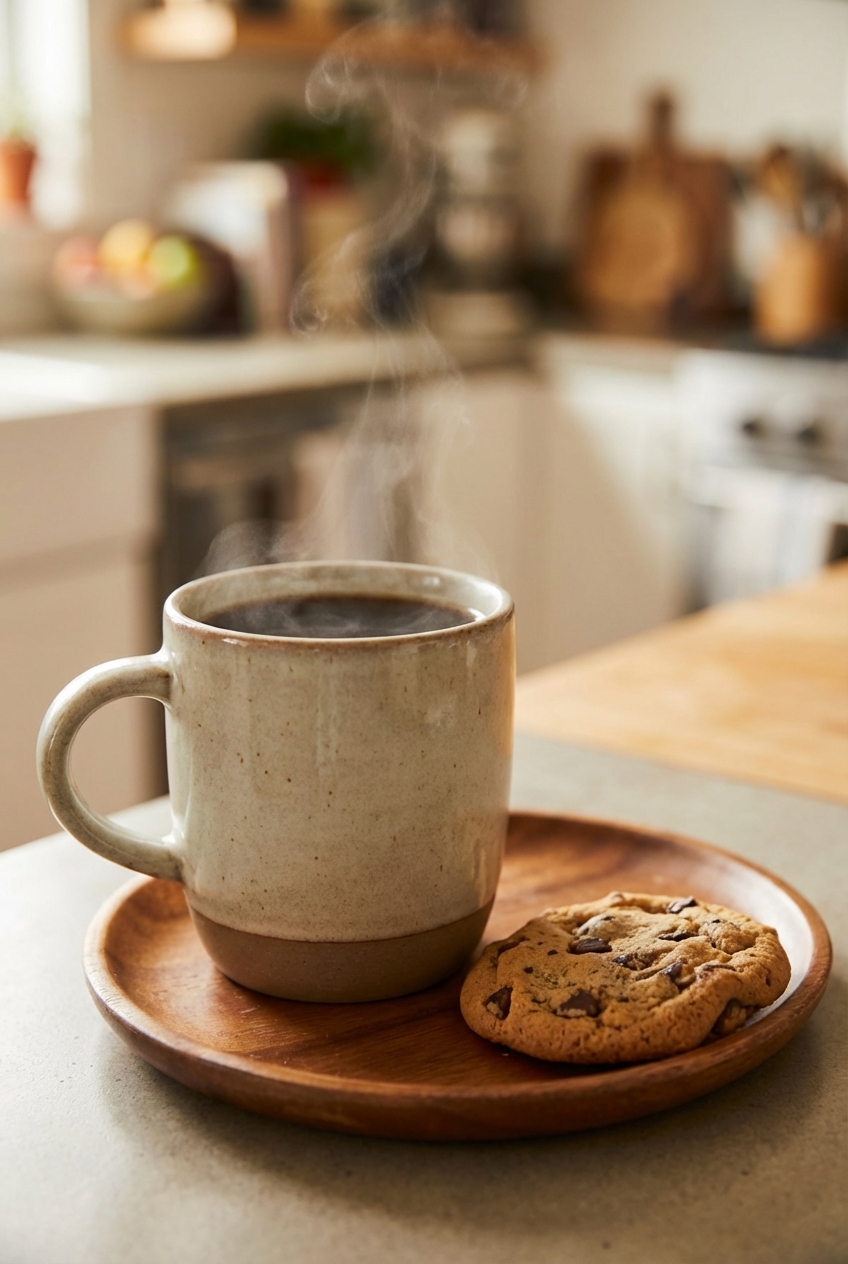 A mug of hot coffee with a cookie resting on a small plate beside it