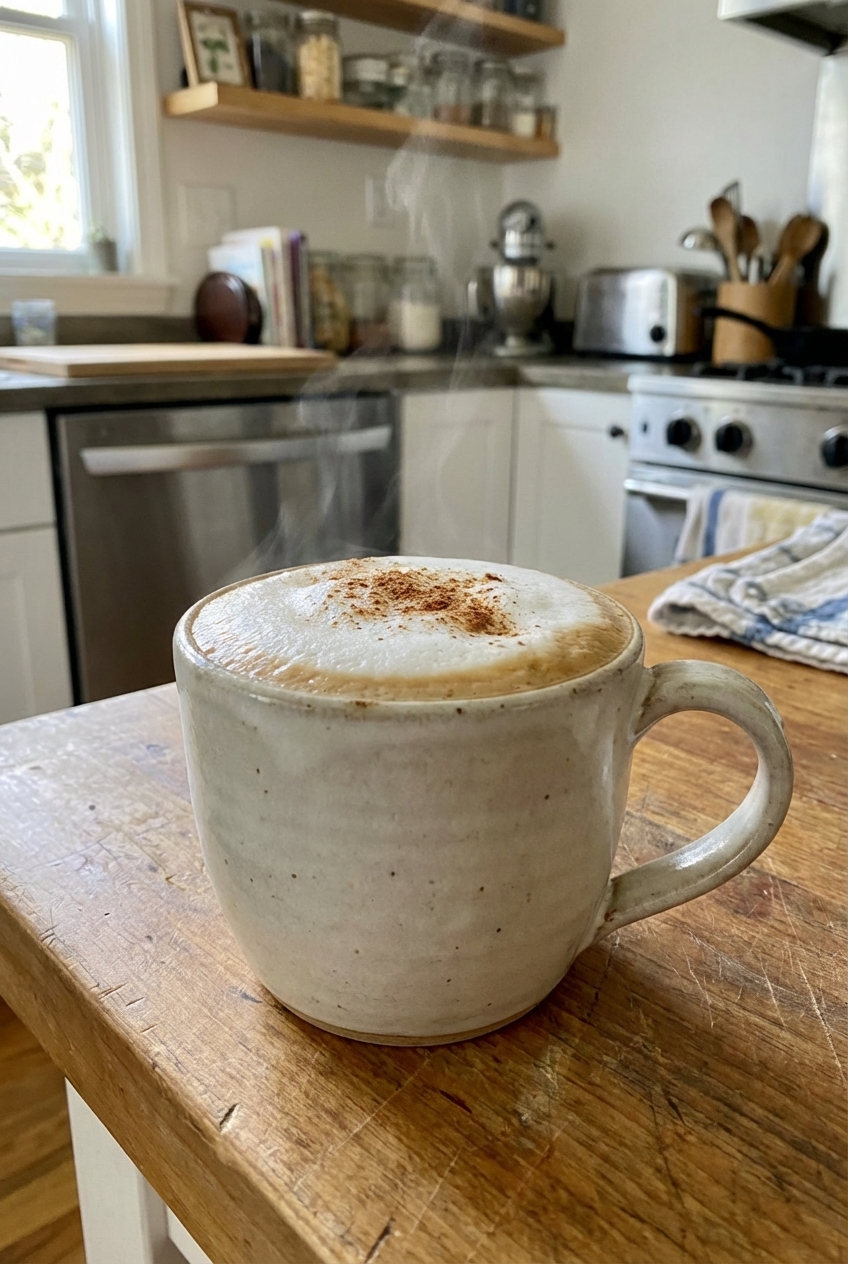 A mug of hot coffee with a creamy foam top on a kitchen counter