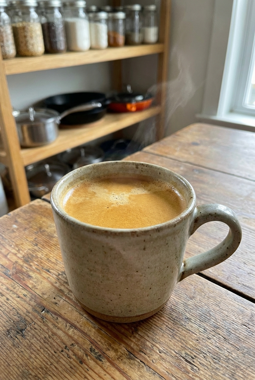 A mug of hot coffee with a light crema on top on a wooden table
