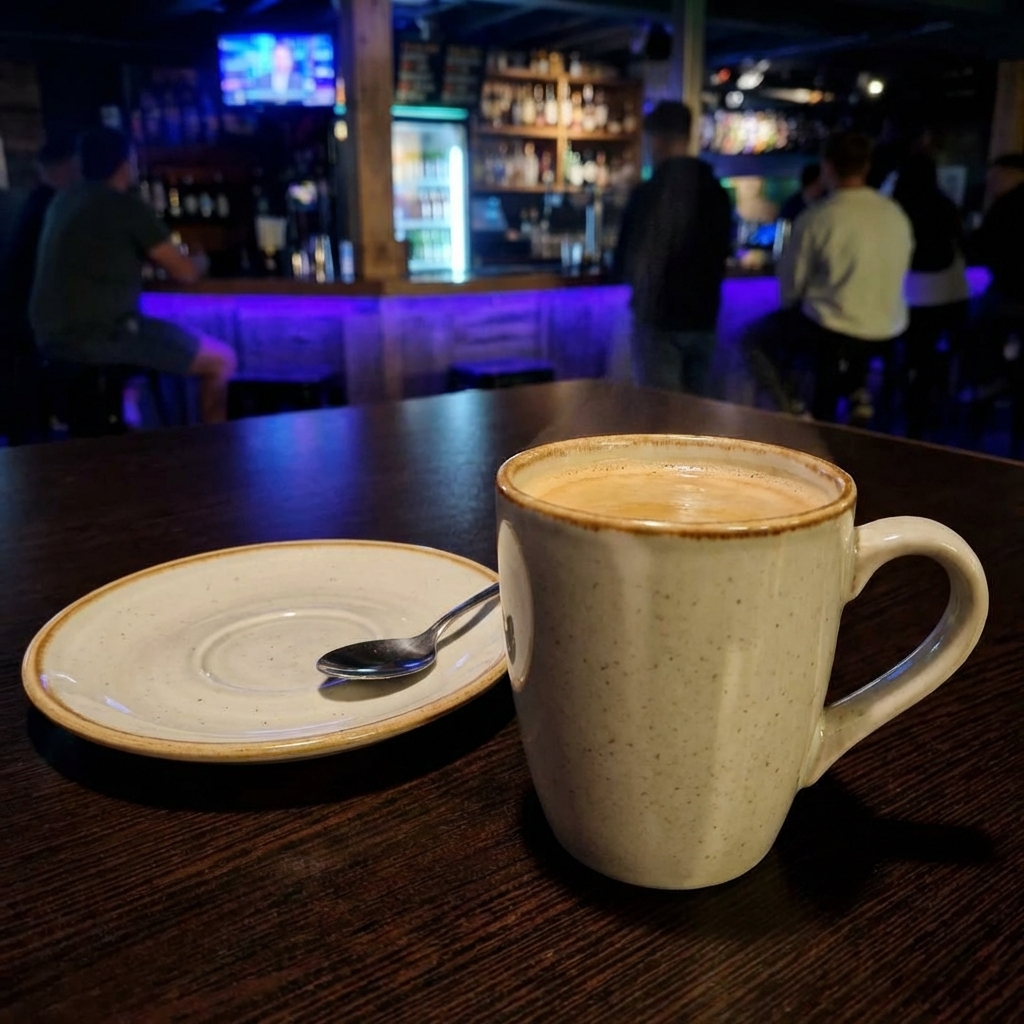 A mug of hot coffee with a light crema sitting next to a small plate