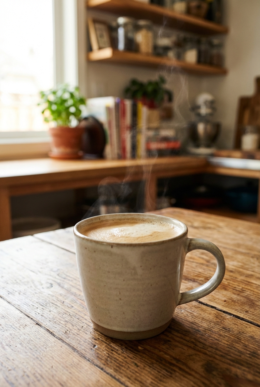 A mug of hot coffee with a light layer of foam on a wooden table