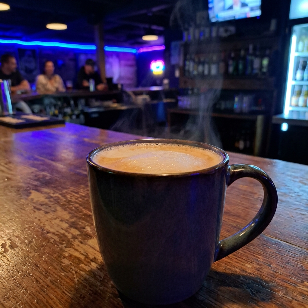 A mug of hot coffee with a light layer of foam on a wooden table