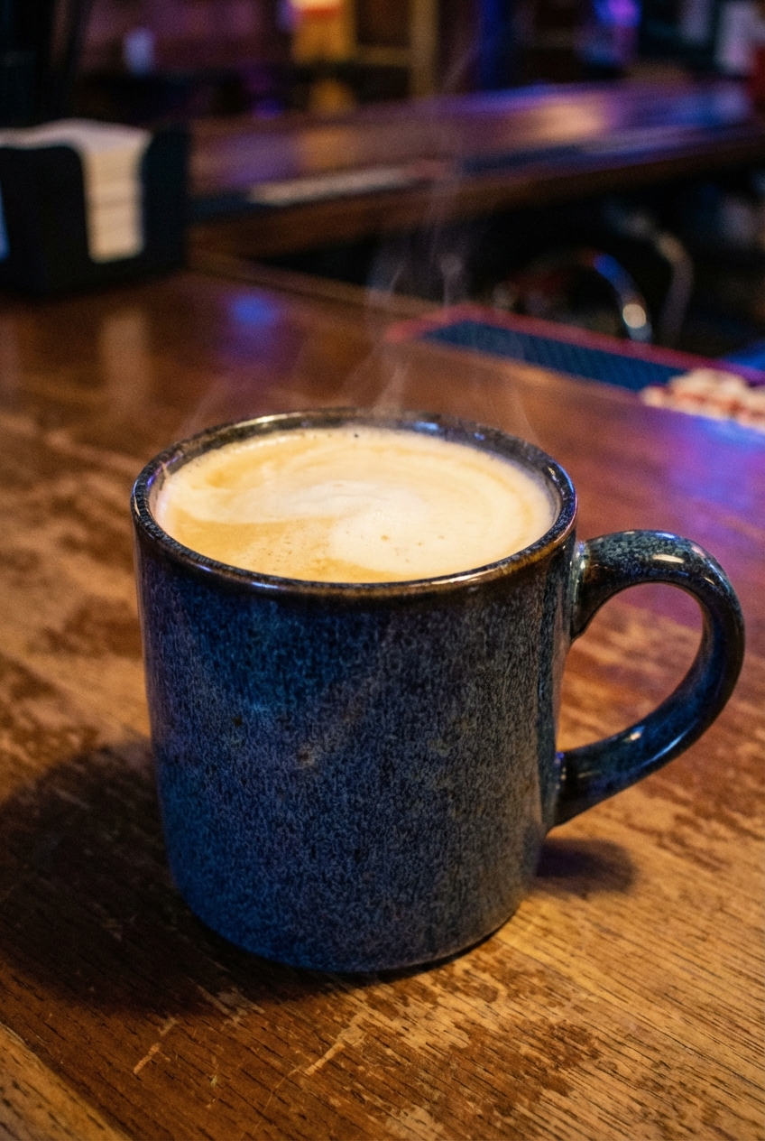 A mug of hot coffee with a light layer of foam on top