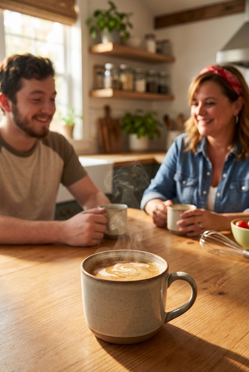 A mug of hot coffee with a splash of cream on a kitchen table in morning light