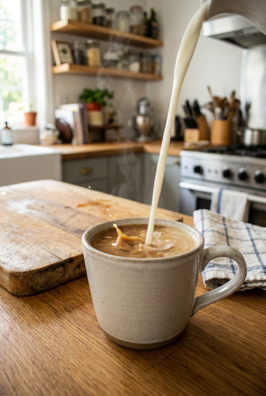A mug of hot coffee with a splash of milk on a kitchen counter