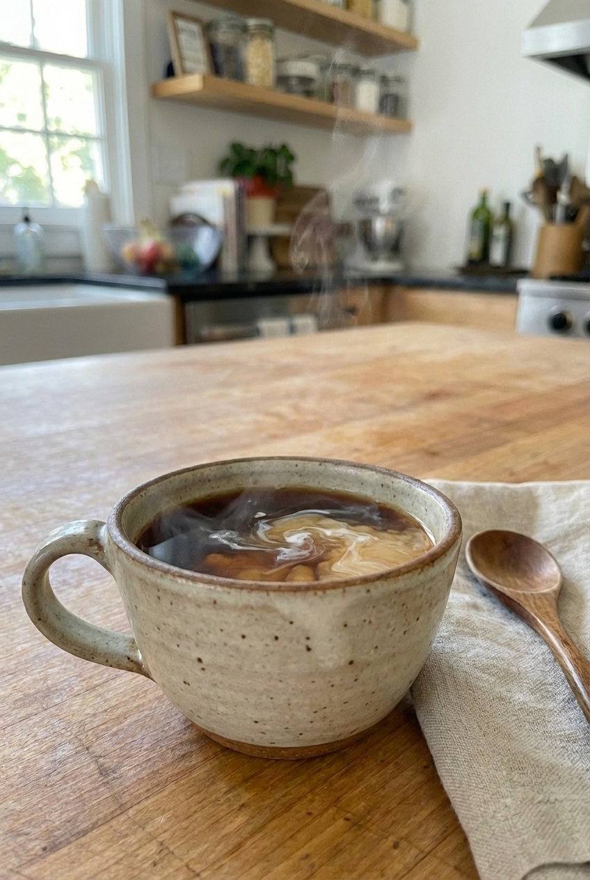 A mug of hot coffee with a splash of milk on a kitchen counter