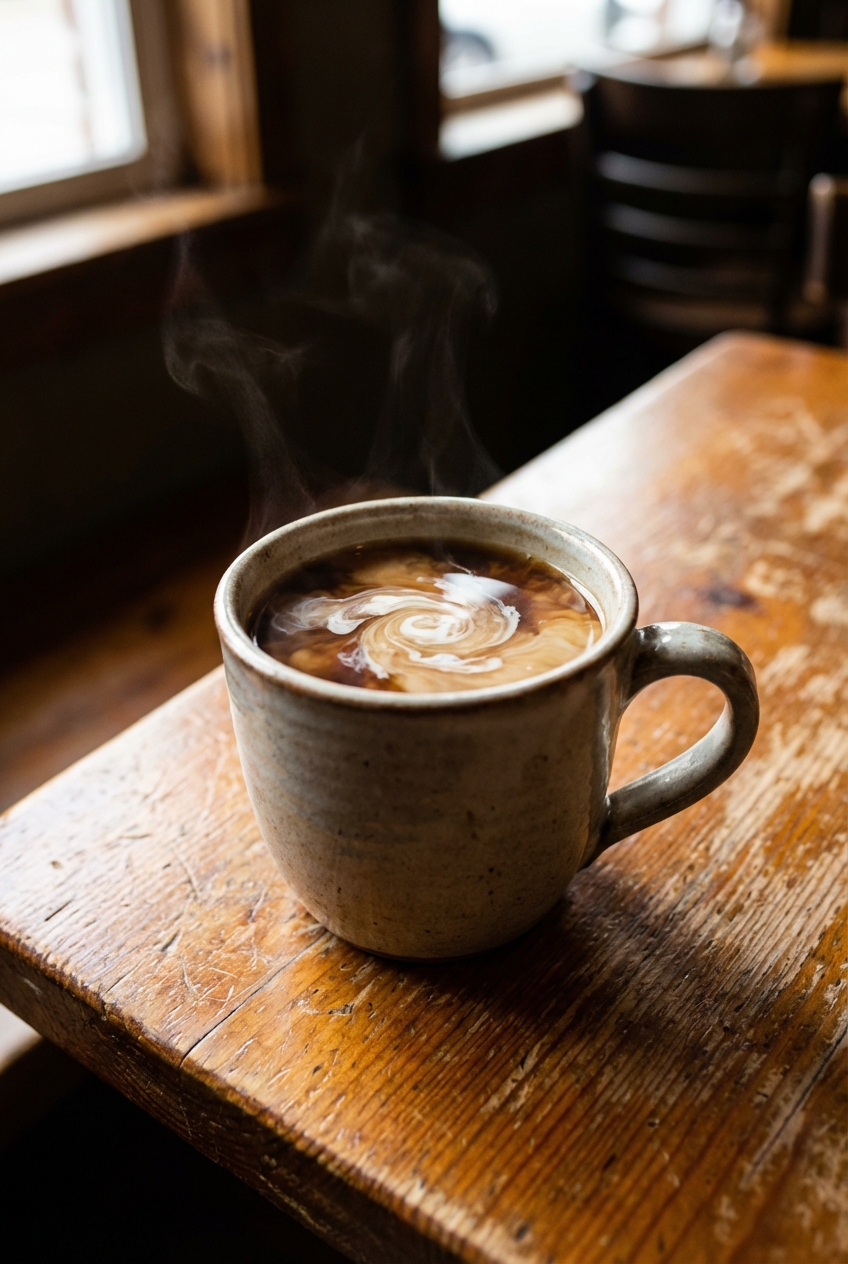 A mug of hot coffee with a swirl of cream on a wooden table