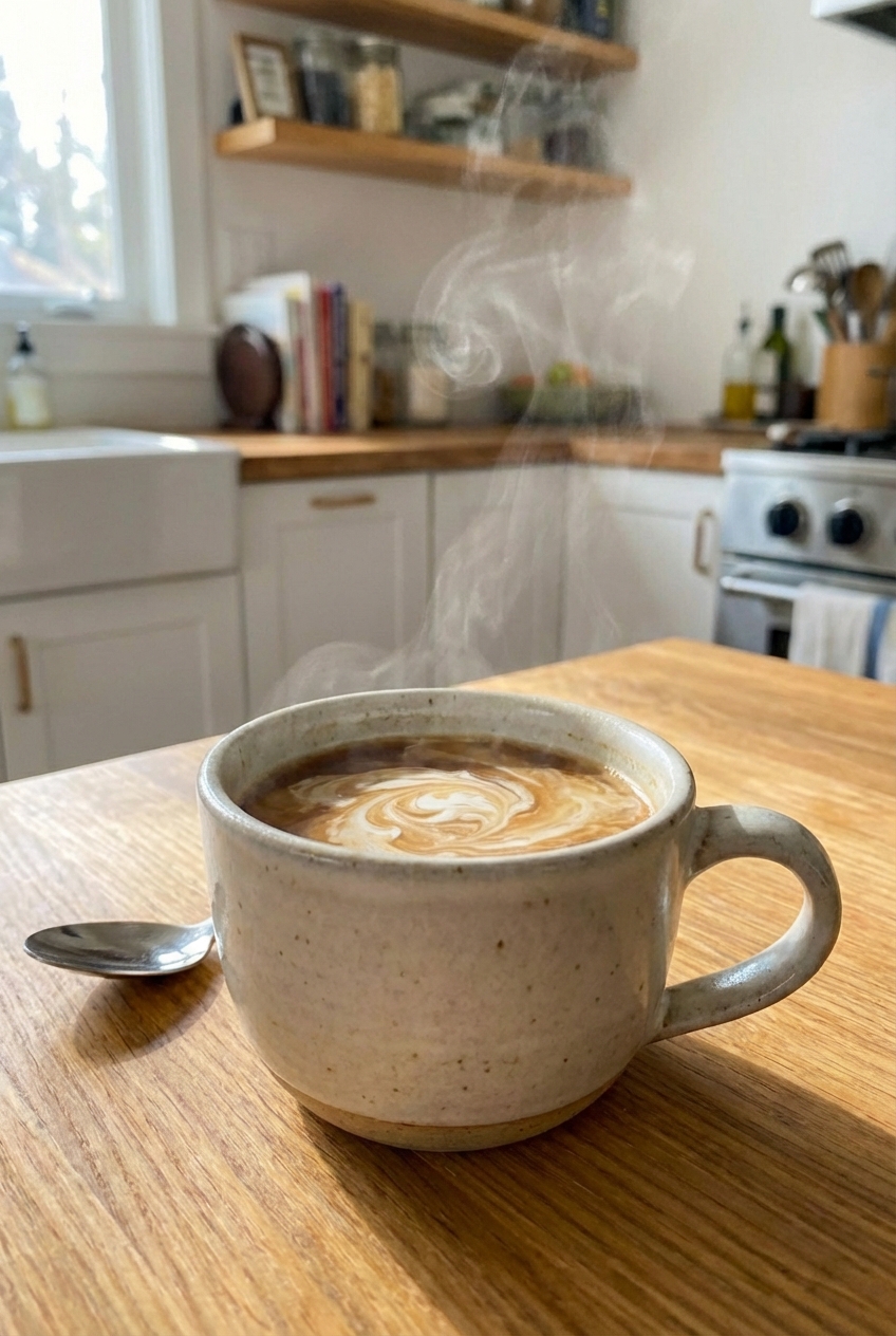 A mug of hot coffee with a swirl of cream on a wooden table