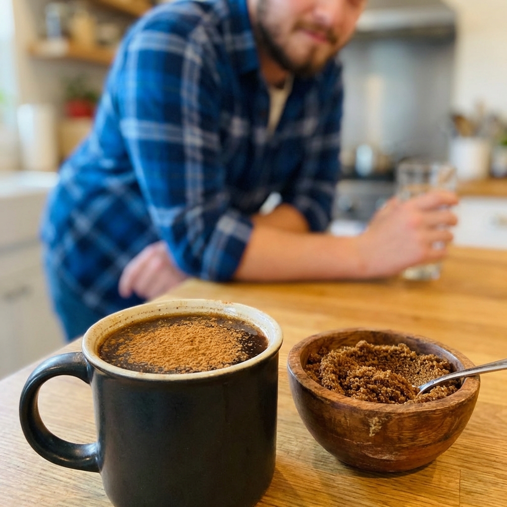 A mug of hot coffee with cinnamon sprinkled on top sitting next to a small bowl of brown sugar