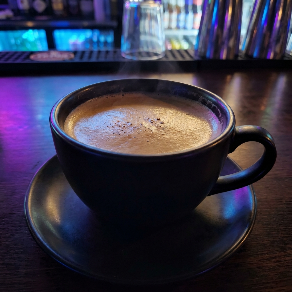 A mug of hot coffee with light crema on top on a saucer