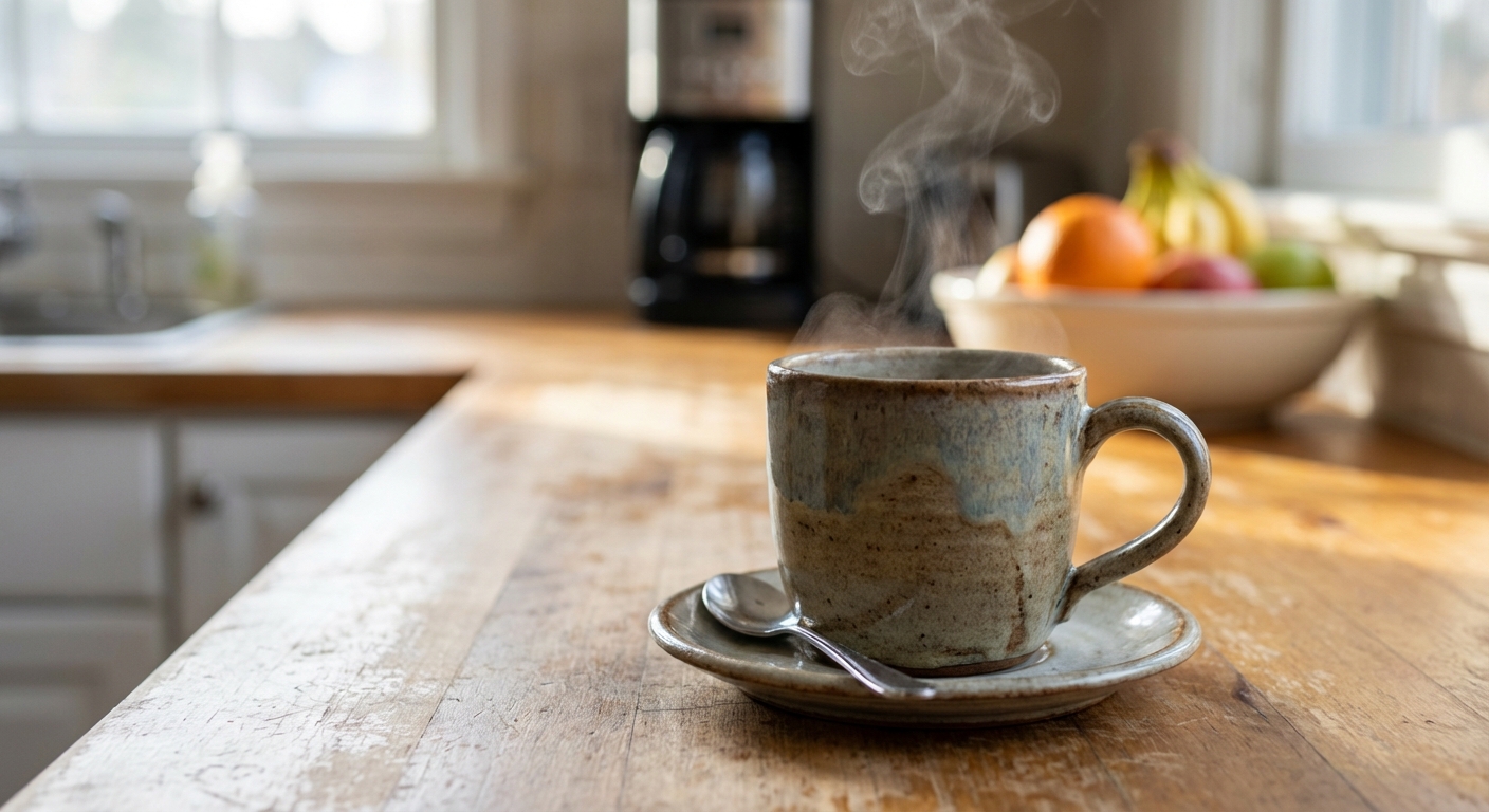 A mug of hot coffee with steam rising on a kitchen counter