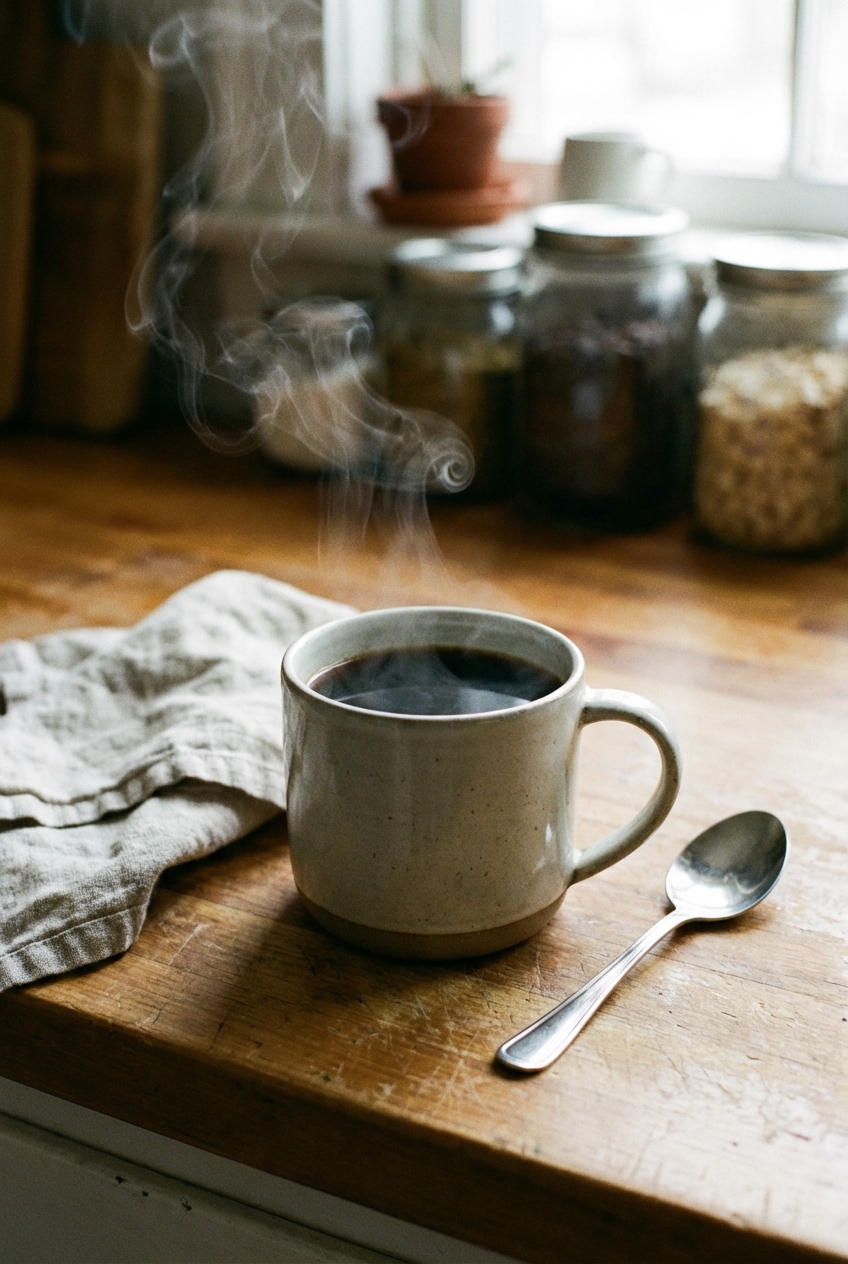 A mug of hot coffee with steam rising