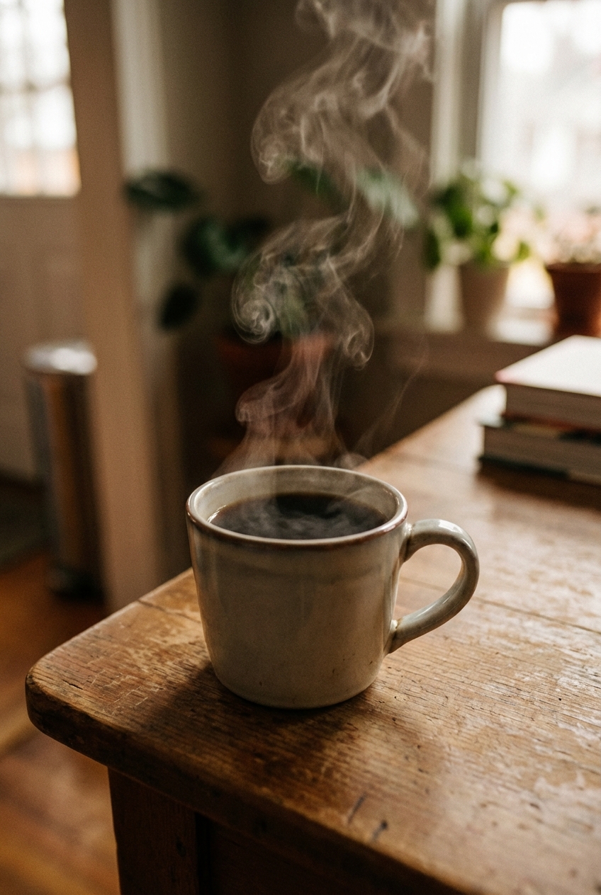 A mug of hot coffee with steam rising