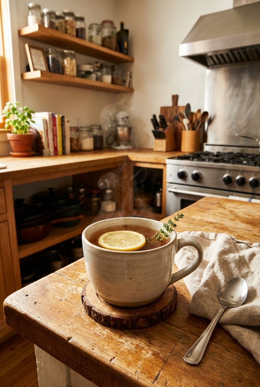A mug of hot lemon tea on a cozy kitchen counter