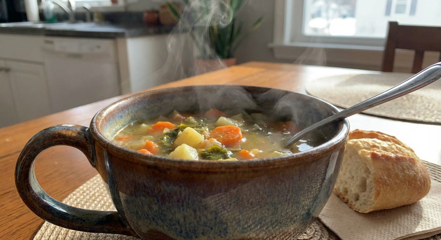A mug of hot soup with steam rising