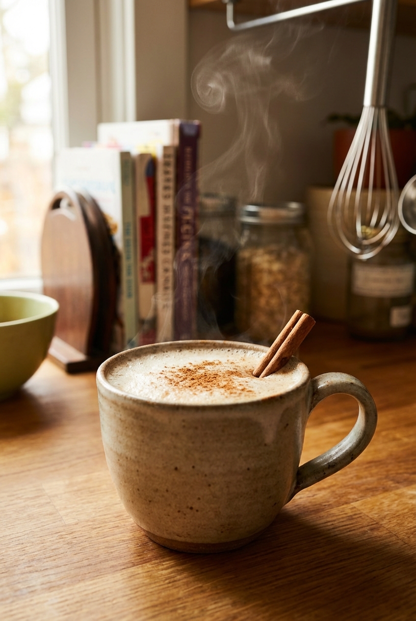 A mug of hot spiced chai with cinnamon and steam rising