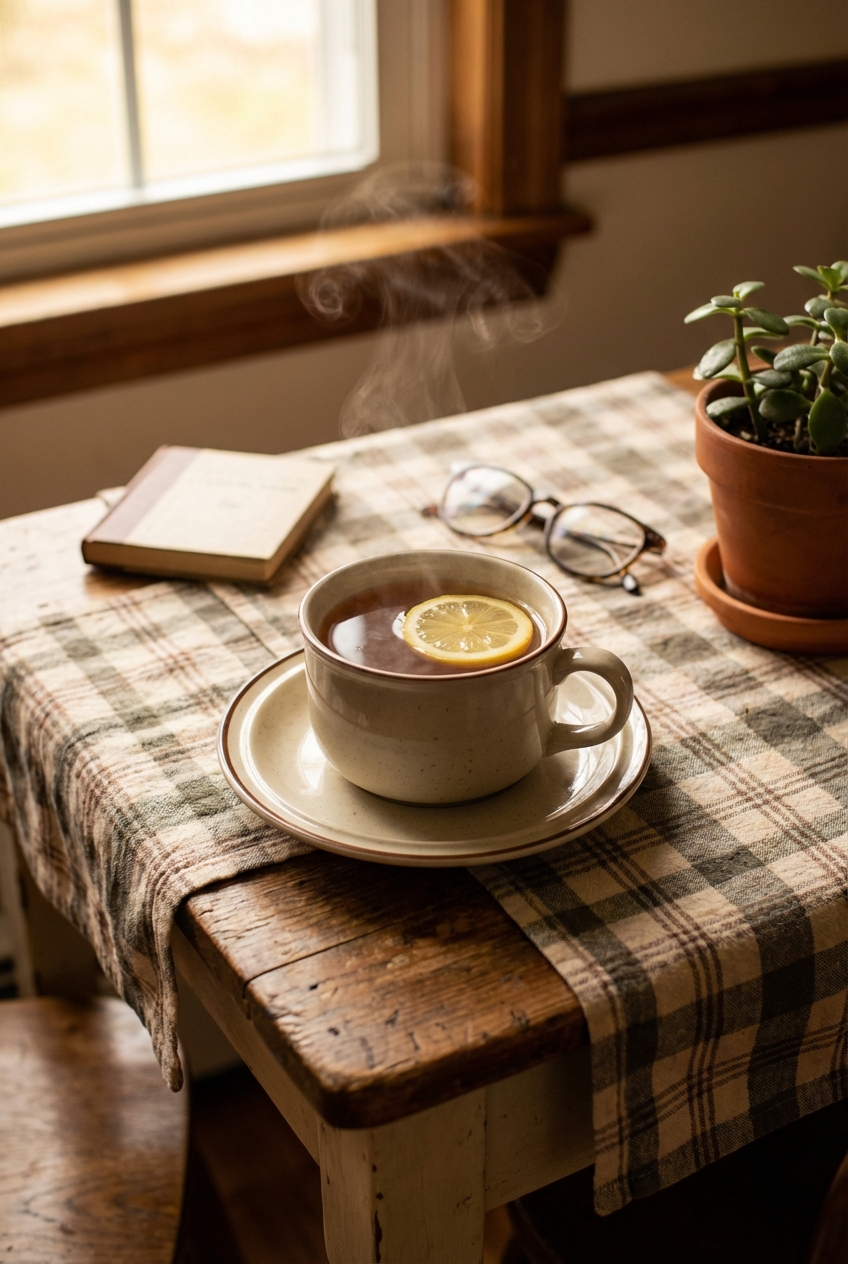 A mug of hot tea with a lemon slice on a saucer on a cozy kitchen table