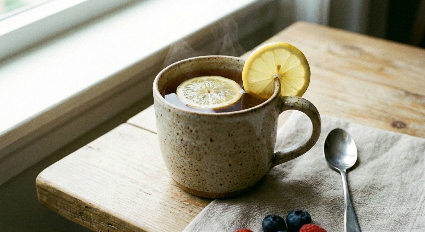 A mug of hot tea with lemon on a cozy table
