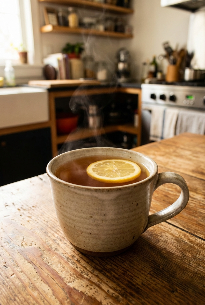 A mug of hot tea with lemon slice on a wooden table