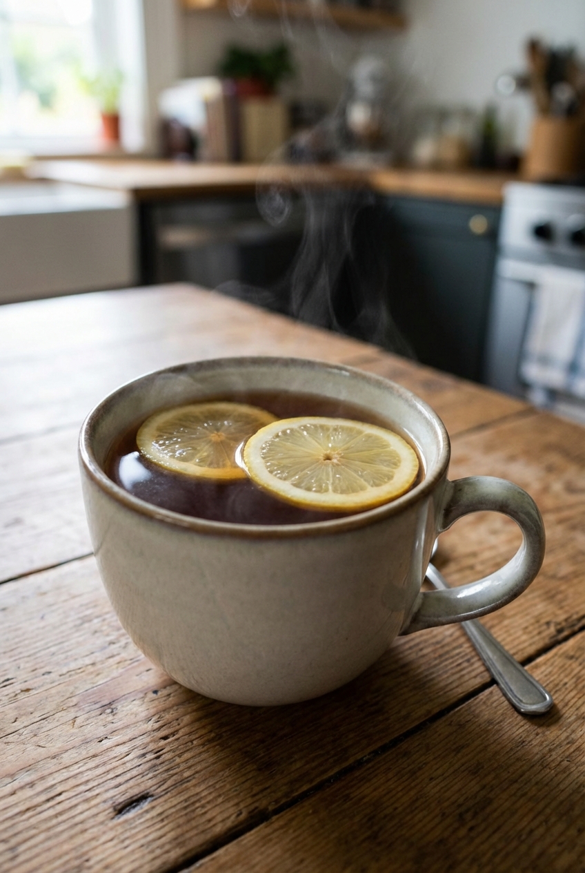 A mug of hot tea with lemon slices on a wooden table