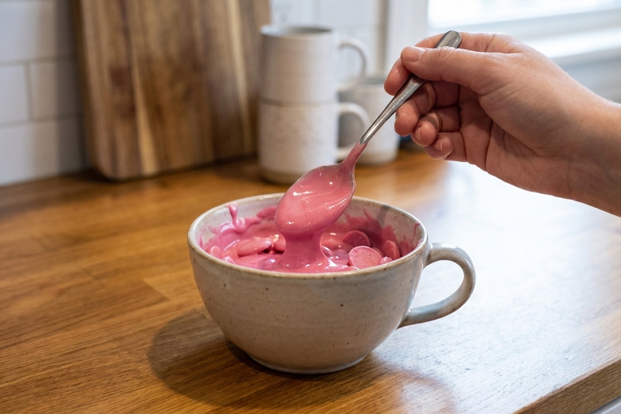 A mug of melted pink candy melts being stirred with a spoon on a kitchen counter