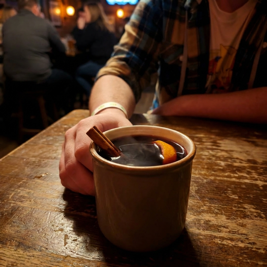 A mug of mulled wine on a wooden table with a cinnamon stick and orange peel twist