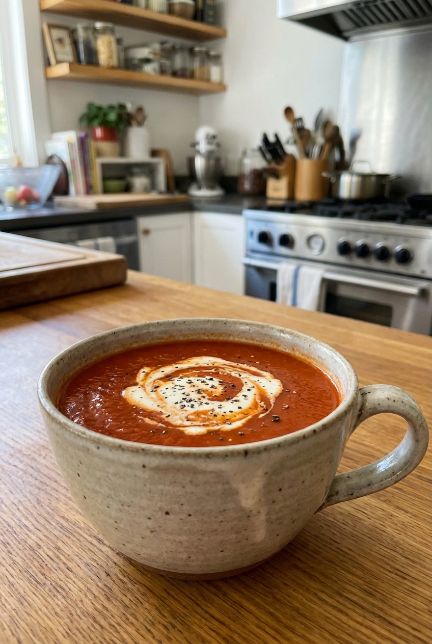 A mug of tomato soup with a swirl of cream and cracked black pepper