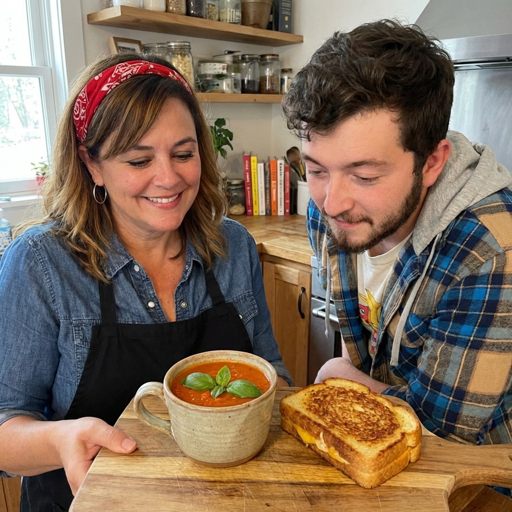 A mug of tomato soup with basil on top next to a grilled cheese