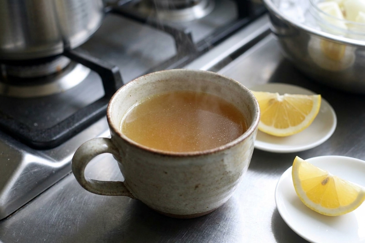 A mug of warm chicken broth with a lemon wedge nearby