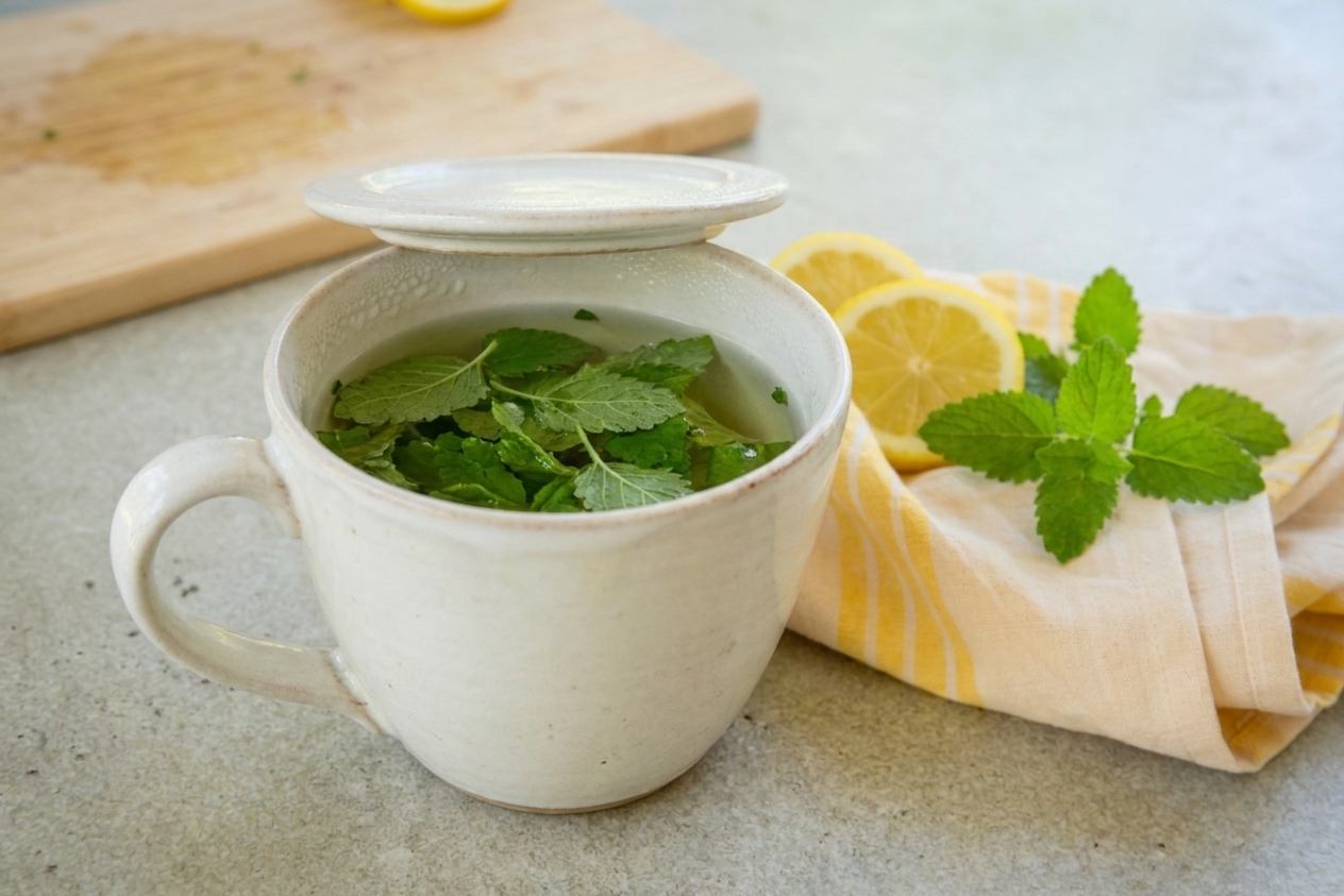 A mug with lemon balm leaves steeping in hot water, covered with a small saucer on a kitchen counter