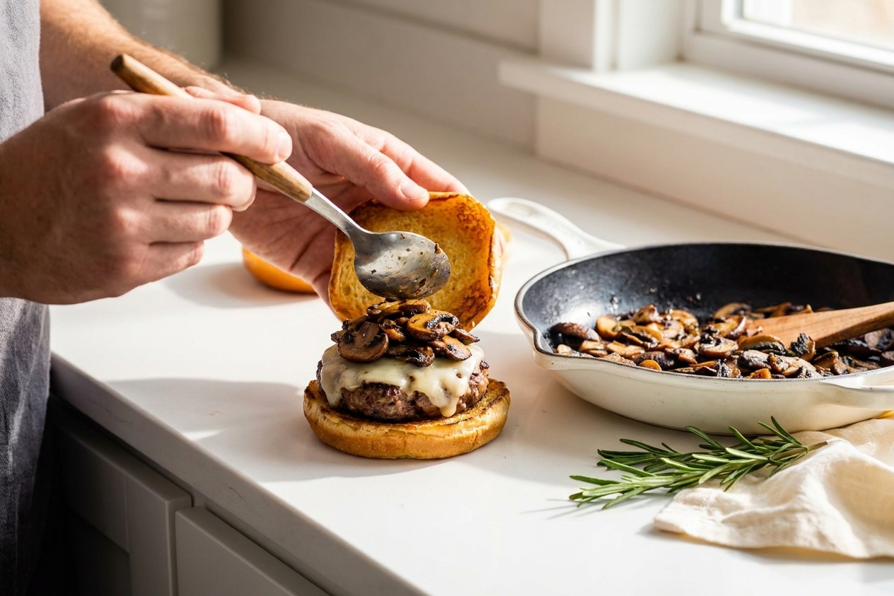 A mushroom Swiss burger being assembled on a toasted bun with melted Swiss and a generous spoonful of sautéed mushrooms on a kitchen counter