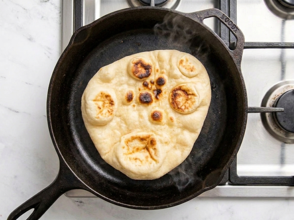 A naan cooking in a cast iron skillet with bubbles forming across the surface and browned spots developing underneath