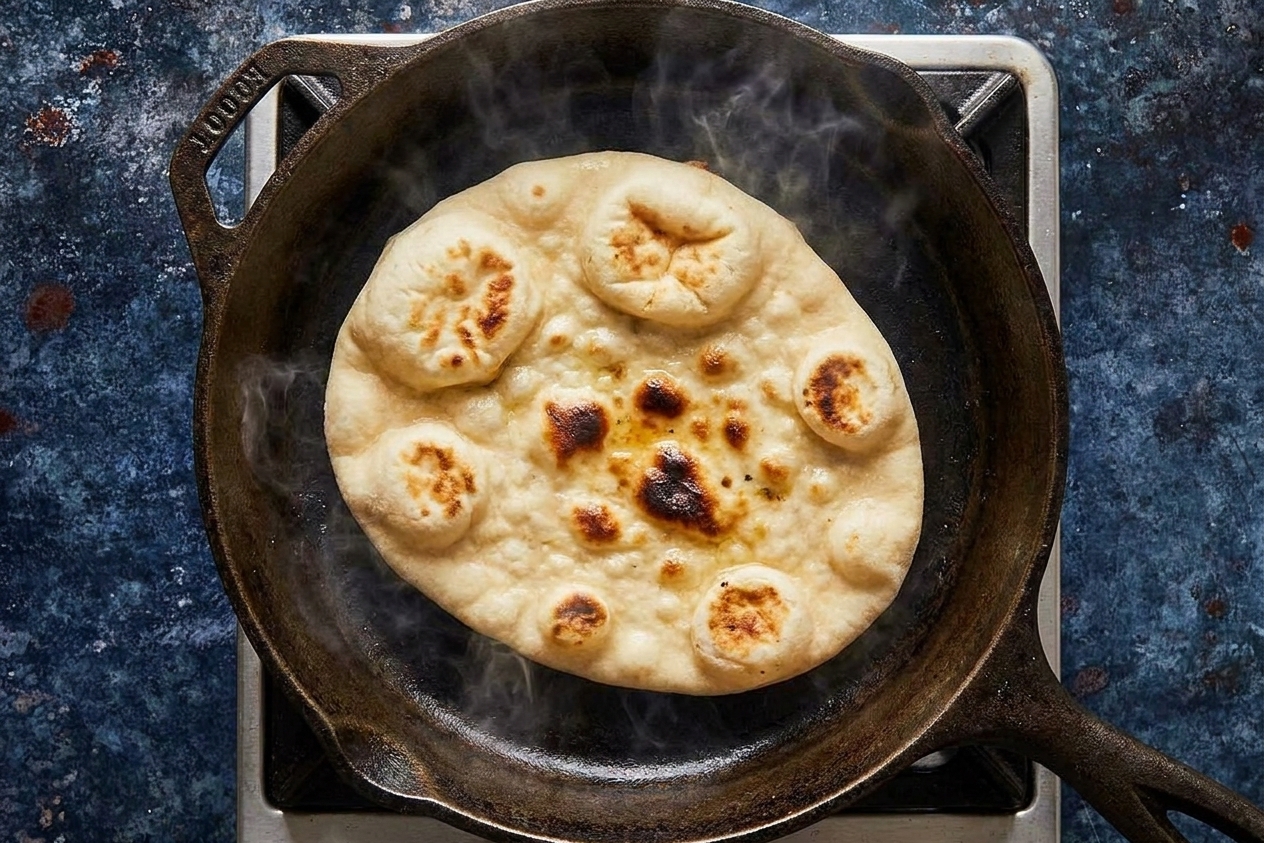 A naan flatbread blistering in a hot cast iron skillet with browned spots forming