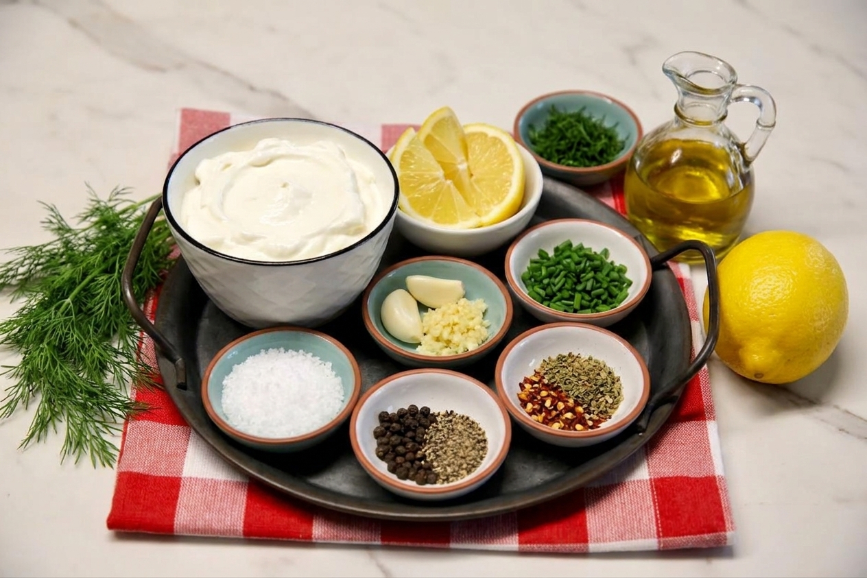 A neat arrangement of Greek yogurt, lemon, fresh dill, chives, garlic, olive oil, salt, pepper, and spices on a light stone countertop with small prep bowls