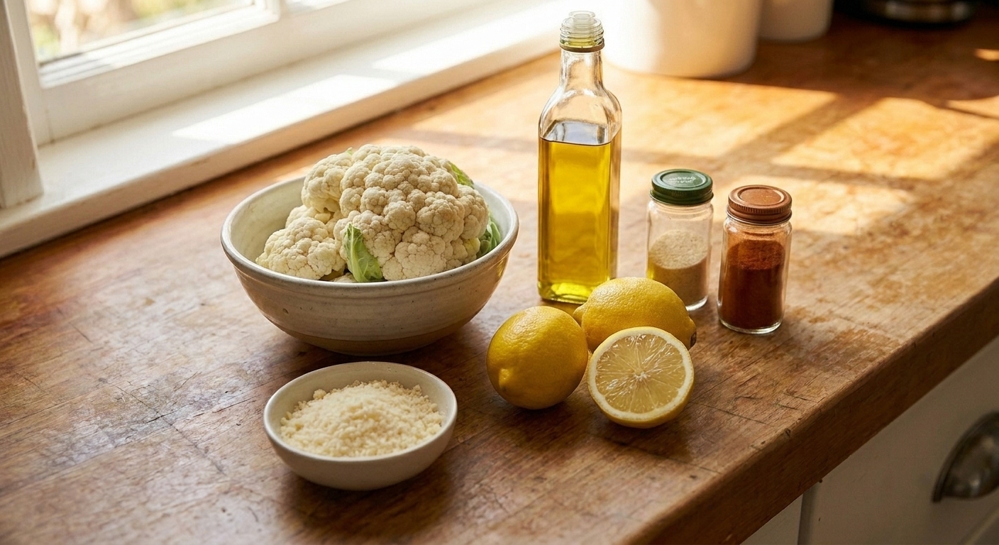 A neat arrangement of cauliflower, olive oil, grated Parmesan, lemon, garlic powder, and paprika on a light kitchen counter ready for baking