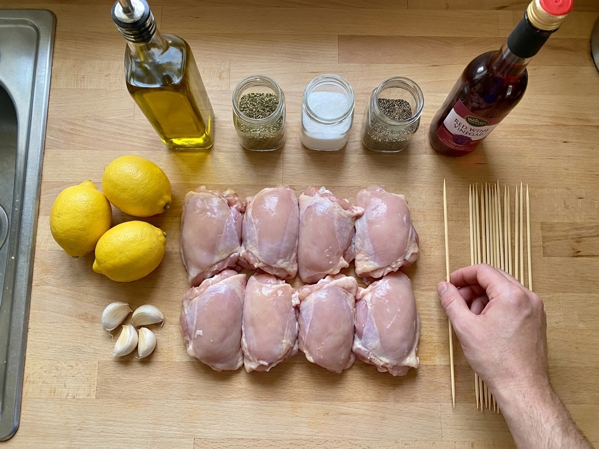 A neat arrangement of chicken thighs, lemons, garlic, olive oil, dried oregano, salt, pepper, red wine vinegar, and wooden skewers on a light kitchen counter