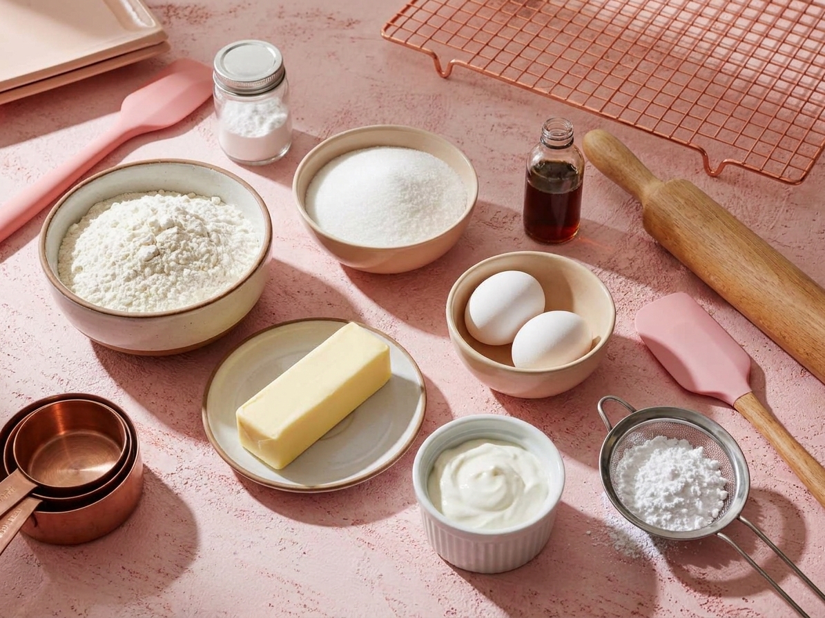 A neat arrangement of flour, sugar, butter, eggs, sour cream, vanilla extract, baking powder, and powdered sugar on a kitchen counter ready for baking