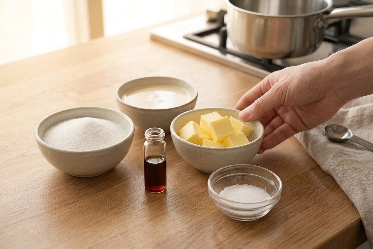 A neat arrangement of fudge ingredients including sugar, evaporated milk, butter, vanilla extract, and salt on a light kitchen counter