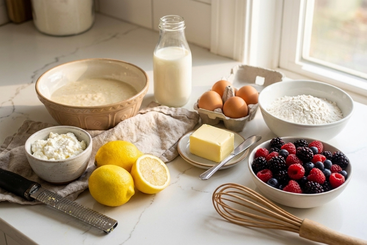 A neat arrangement of pancake ingredients including ricotta, lemons, flour, eggs, milk, butter, and mixed berries on a clean kitchen counter in soft natural light