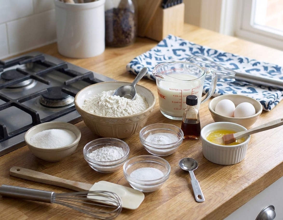 A neat arrangement of pancake ingredients on a warm-toned kitchen counter including flour, sugar, baking powder, baking soda, salt, buttermilk, eggs, melted butter, and vanilla in small bowls