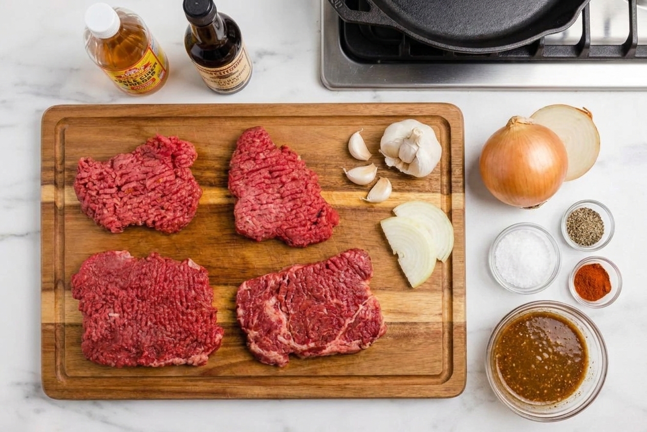 A neat arrangement of raw cube steaks, apple cider vinegar, Worcestershire sauce, garlic, onions, and pantry spices on a light kitchen counter with a cutting board