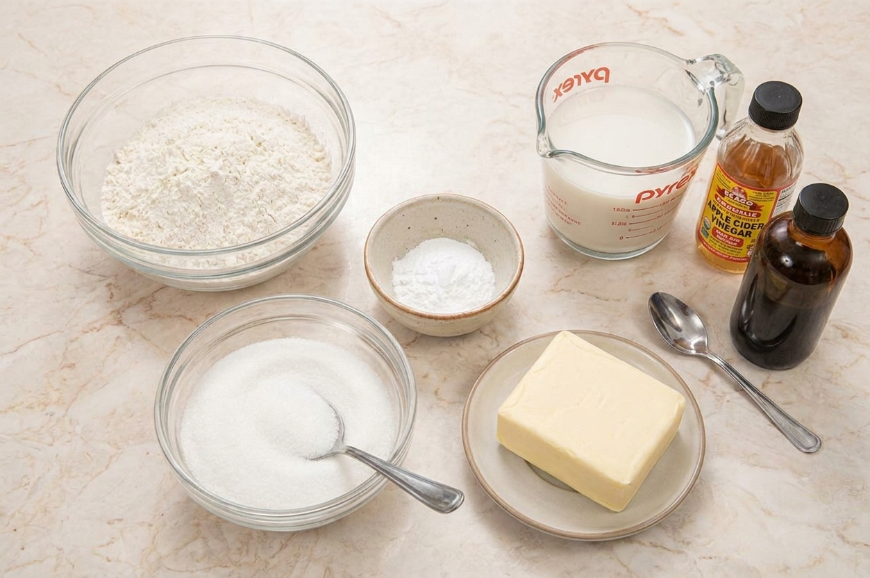 A neat arrangement of vegan cake ingredients like flour, sugar, baking powder, plant milk, apple cider vinegar, vanilla, and dairy-free butter on a light kitchen counter