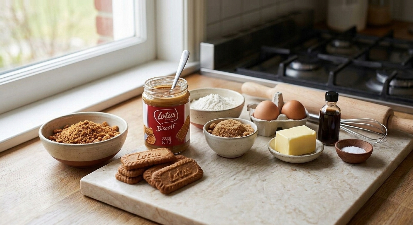 A neat ingredient lineup on a kitchen counter including Biscoff cookies, a jar of cookie butter, flour, brown sugar, eggs, vanilla, butter, and salt in small bowls