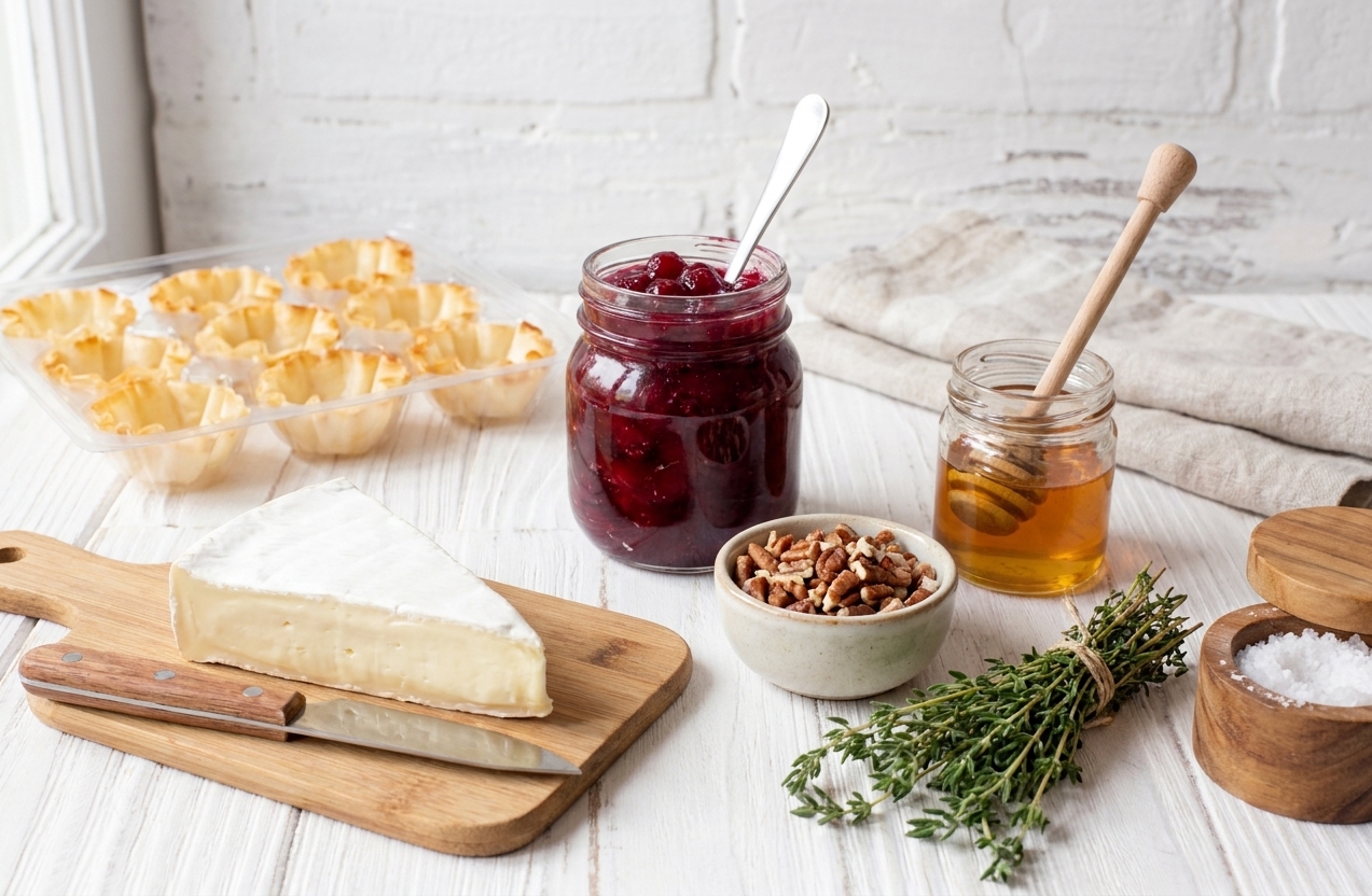 A neat ingredient lineup on a kitchen counter: mini phyllo shells, a wedge of brie, whole berry cranberry sauce, chopped pecans, honey, fresh thyme, and flaky salt