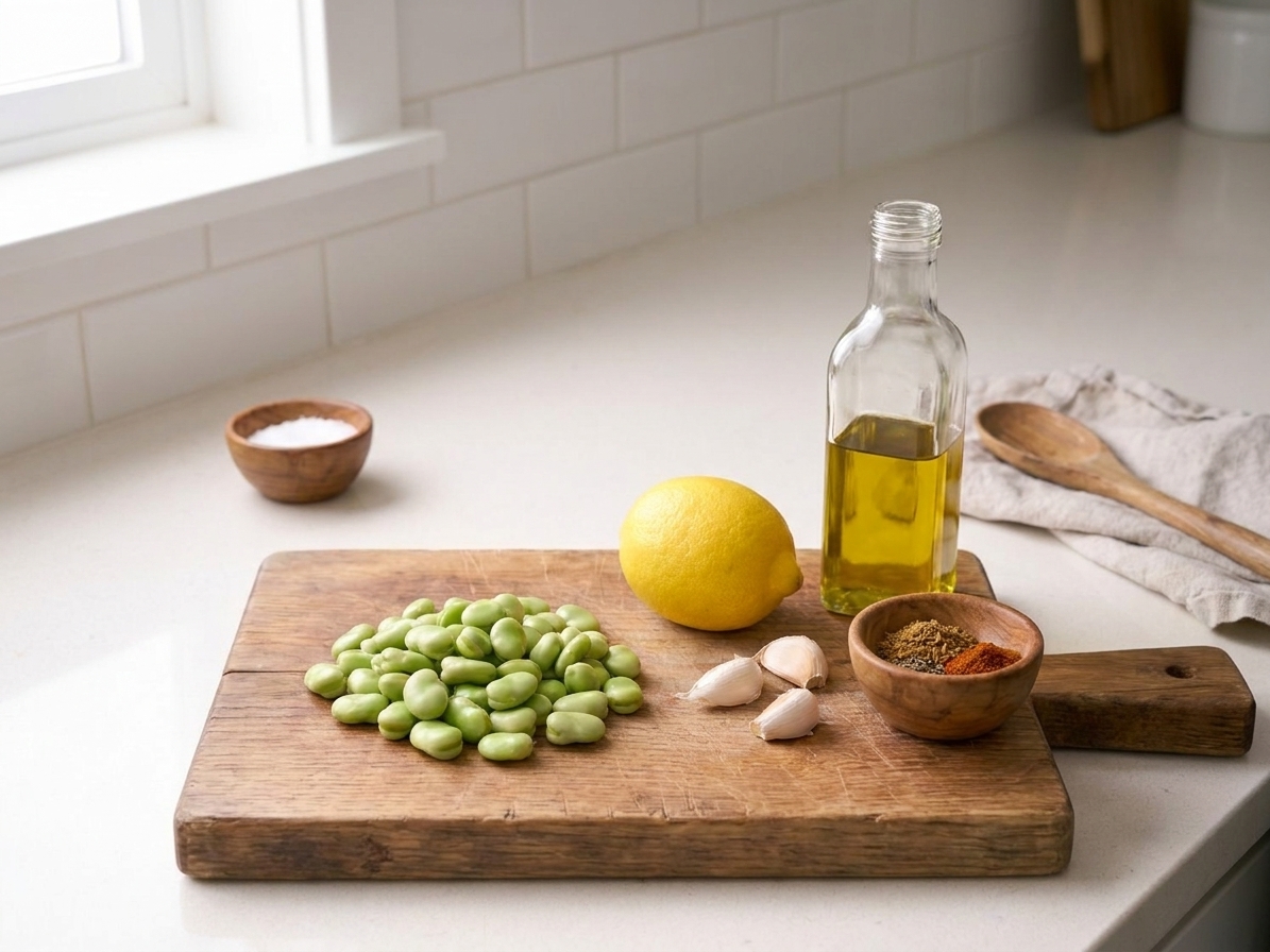 A neat ingredient setup on a bright kitchen counter with shelled fava beans, a lemon, garlic cloves, olive oil, and a small bowl of spices