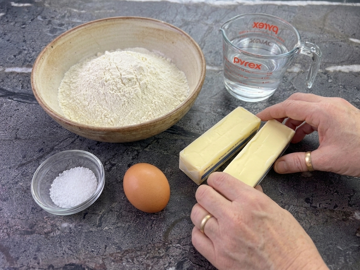 A neat ingredient setup on a kitchen counter with a bowl of flour, sticks of butter, an egg, salt, and a measuring cup of water